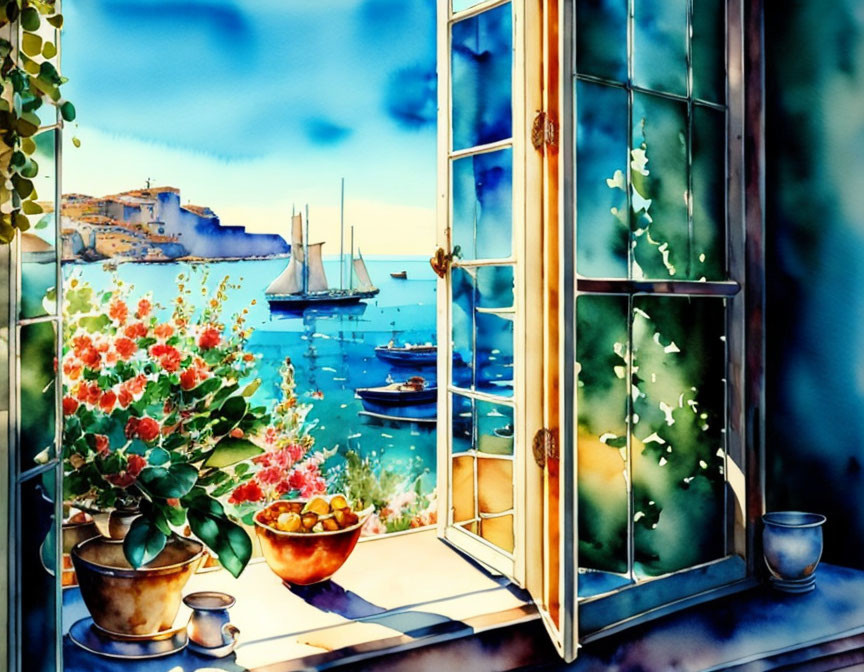 Colorful watercolor painting: Open window, seaside view, flowers, sailboats