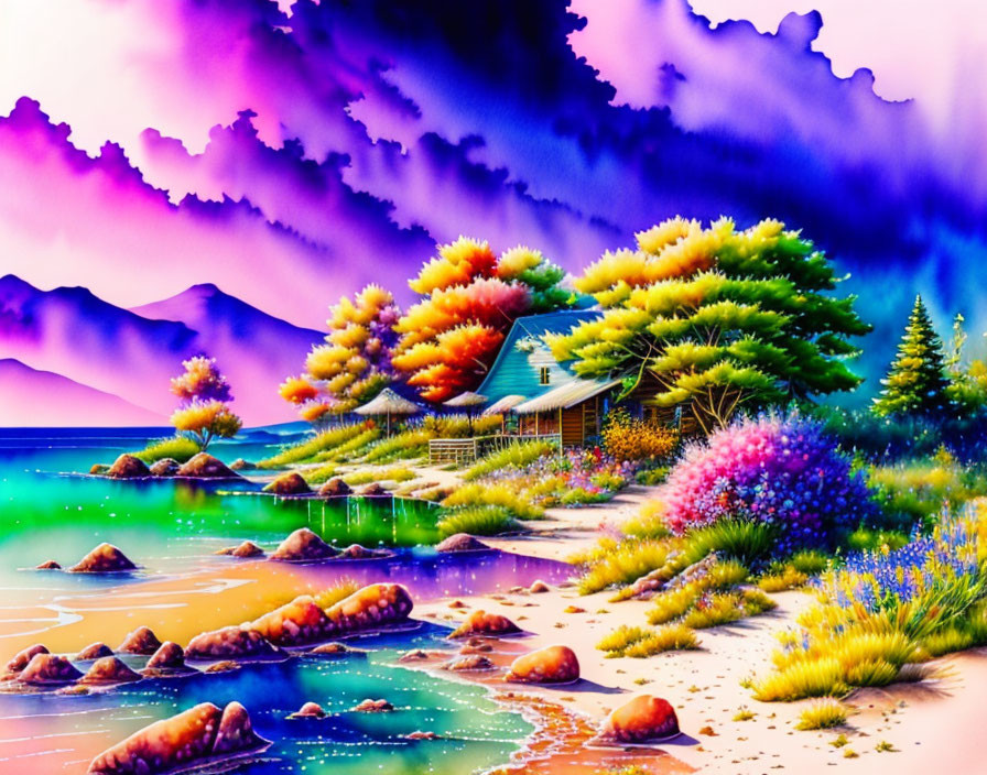 Colorful Seaside Landscape with Cottage and Purple Sky