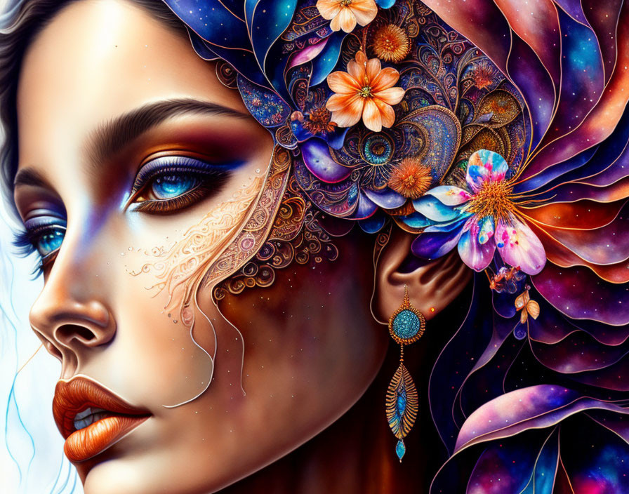 Colorful digital artwork: Woman with floral hair, intricate facial patterns, dreamcatcher earring