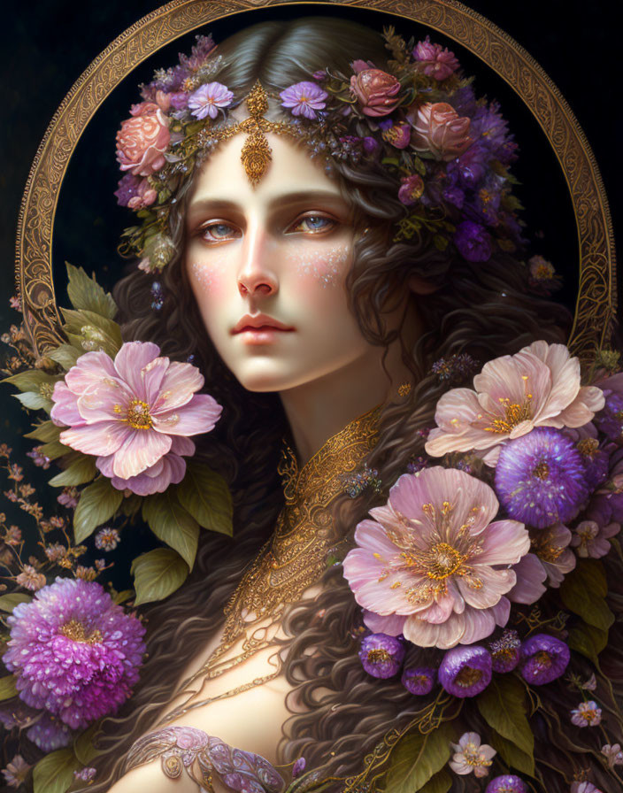 Woman adorned with pink and purple flowers and golden jewelry.
