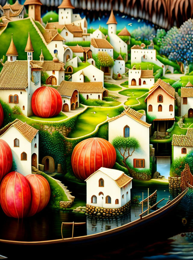 Fantastical village scene with oversized pumpkins, white houses, rivers, boat, greenery.