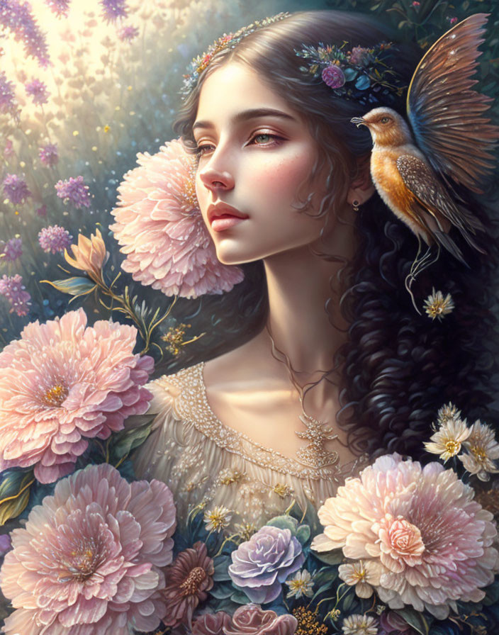 Woman with wavy hair, flowers, bird, and blooms - ethereal and fairy-like aura