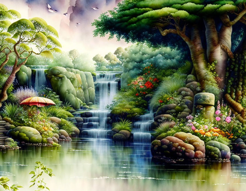 Fantastical landscape with waterfalls, greenery, flowers, and mushroom-like structure