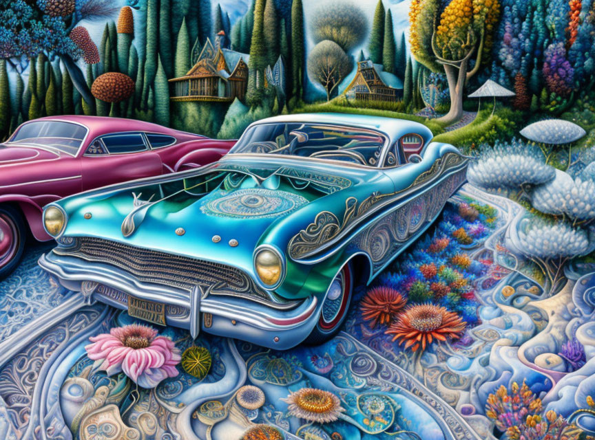 Colorful surreal landscape with classic cars, whimsical trees, and rolling hills