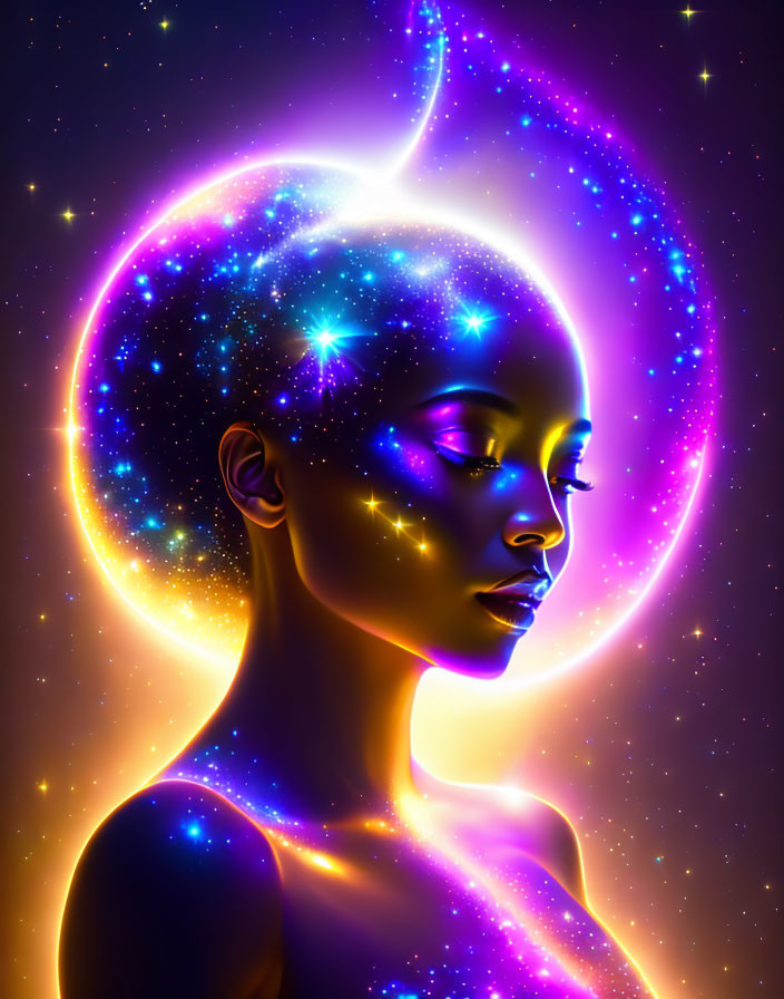 Cosmic-themed digital artwork of a woman with star-filled silhouette