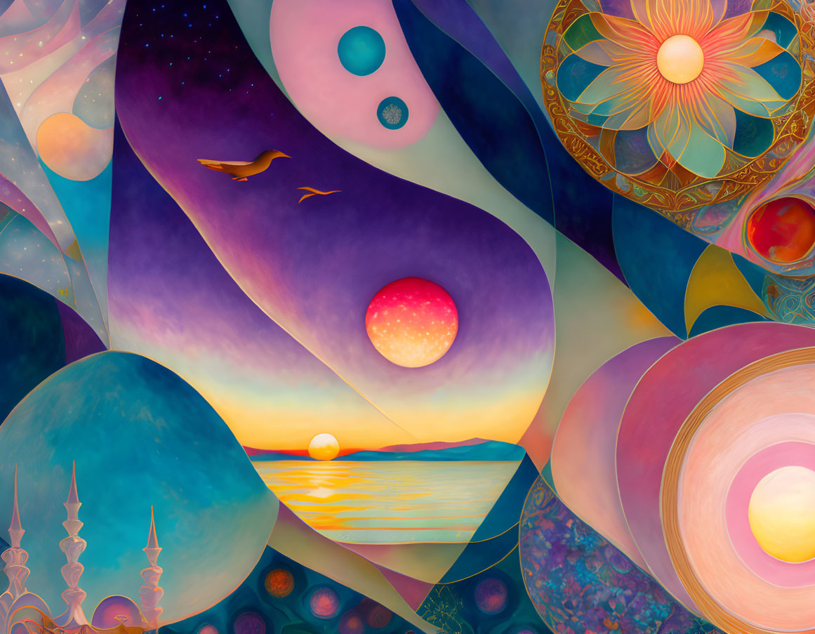 Colorful surreal landscape with sunset, planets, bird, and ornate patterns