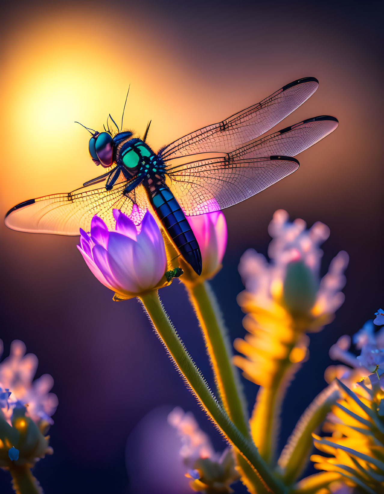 Dragonfly on Purple Flower at Sunset with Backlit Wings