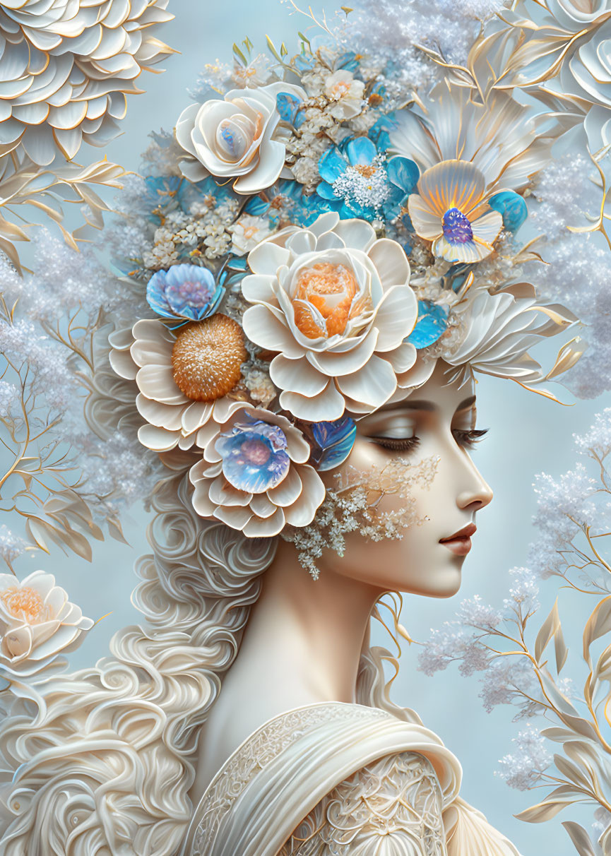 Detailed pastel illustration of woman with floral headdress in soft tones