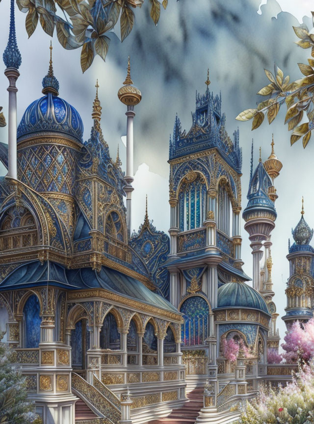 Fantasy palace with blue and gold domes and lush surroundings