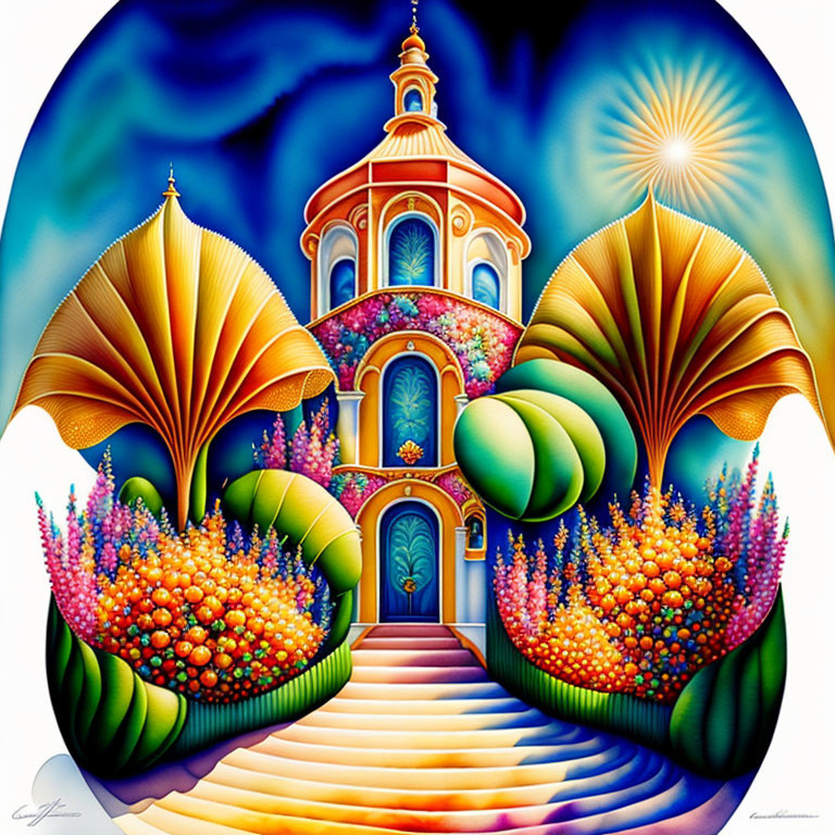 Colorful surreal painting: Vibrant building, golden dome, stylized flora, curved shapes, star