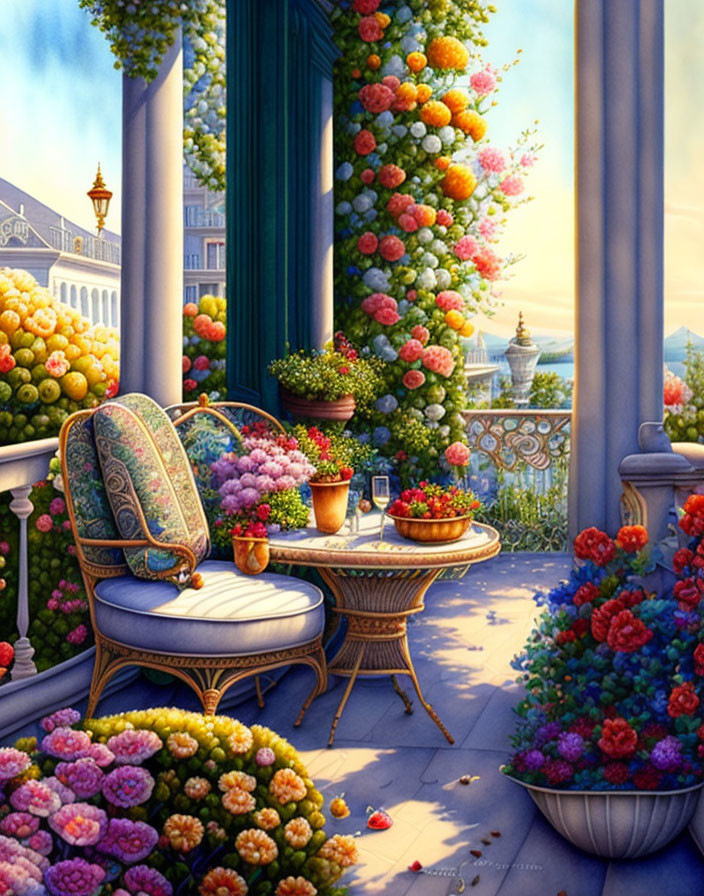 Colorful Flower Balcony with Stylish Furniture and Scenic View