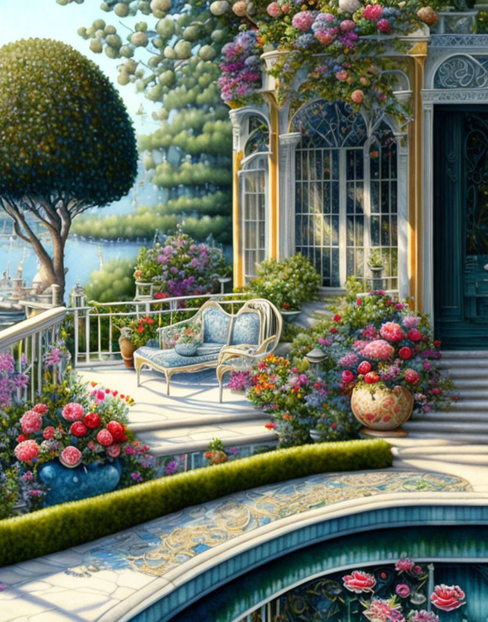 Ornate Terrace with Flowers, Wrought Iron Bench, Pool, and Lake View