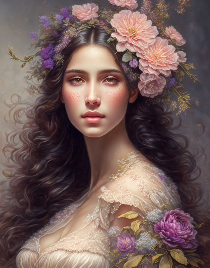 Portrait of Woman with Floral Wreath and Curly Hair