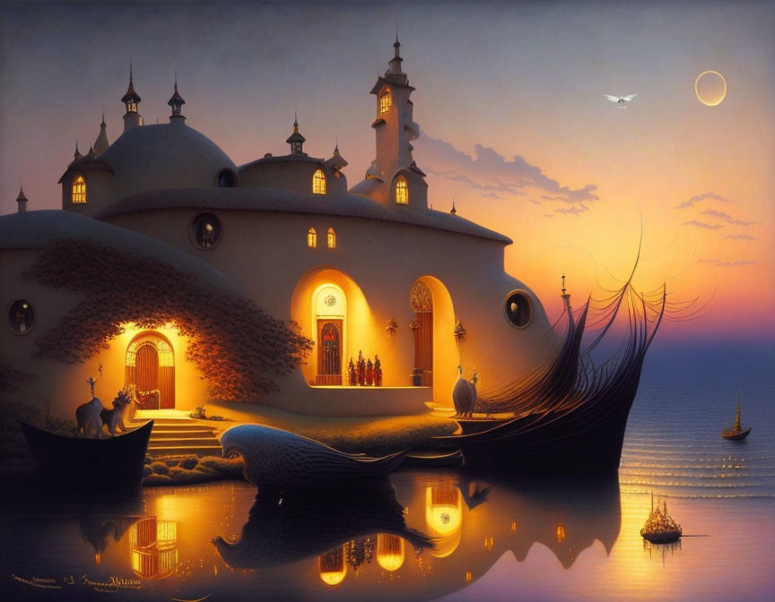 Whimsical domed building by waterside at twilight