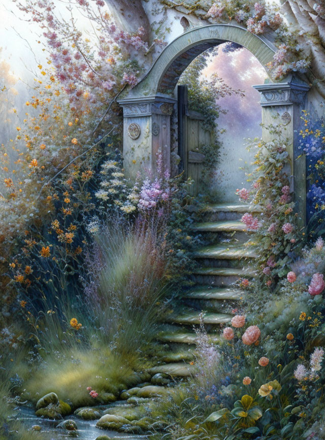 Enchanting garden gate surrounded by blossoming flowers and lush greenery.