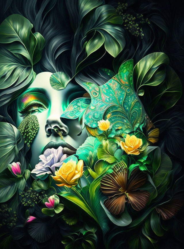 Colorful digital artwork: Woman's face with flowers, leaves, butterfly