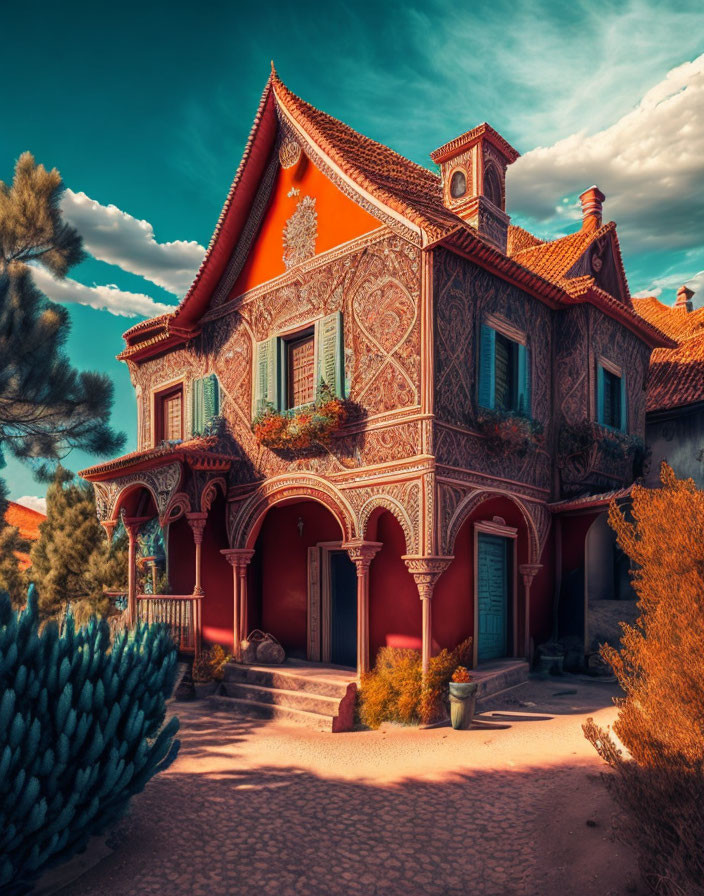 Ornate red and pink two-story house under vibrant blue sky