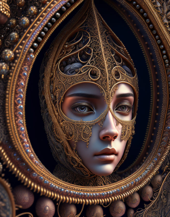 Intricate 3D rendering of a woman's face with golden headgear and ornate circular