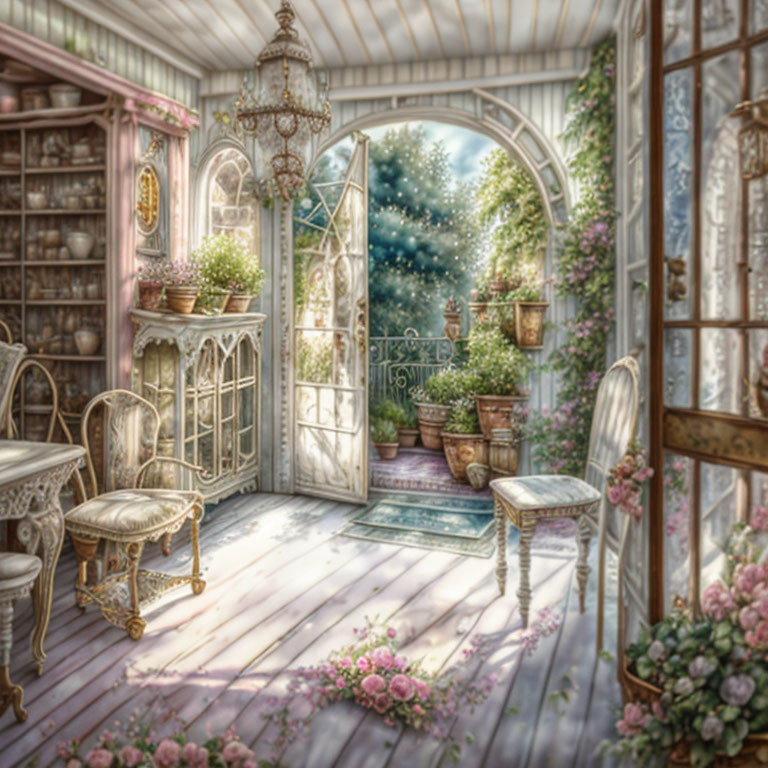 Sunlit conservatory with French door, balcony, elegant chairs, lush greenery, blooming flowers