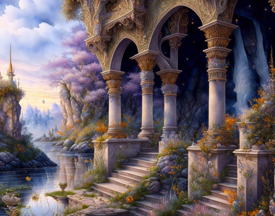 Fantasy landscape with stone bridge, grand structure, gardens, and waterways at twilight