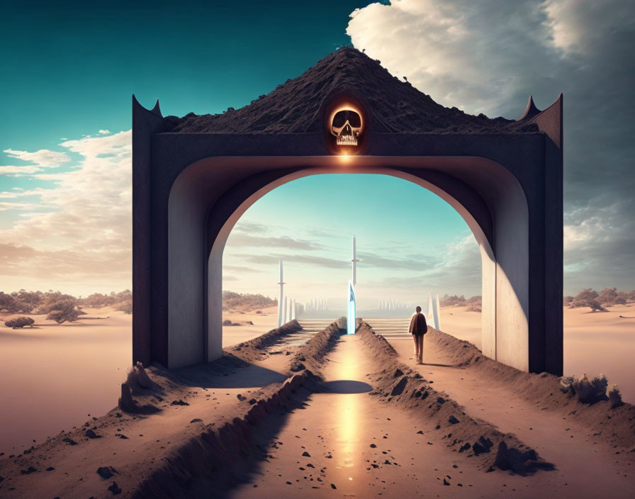 Surreal archway with skull leading to futuristic desert structure