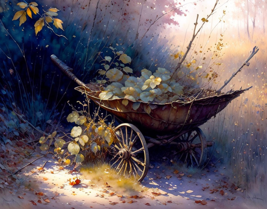 Wooden wheelbarrow with yellow flowers in autumn forest setting