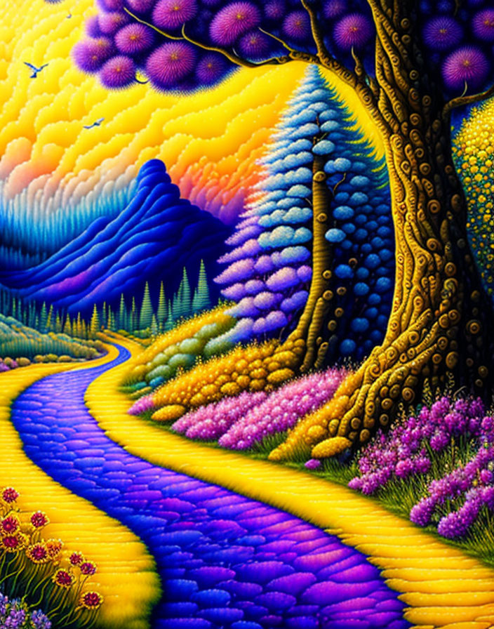 Colorful Landscape Painting with Yellow Path, Whimsical Tree, and Floral Hills