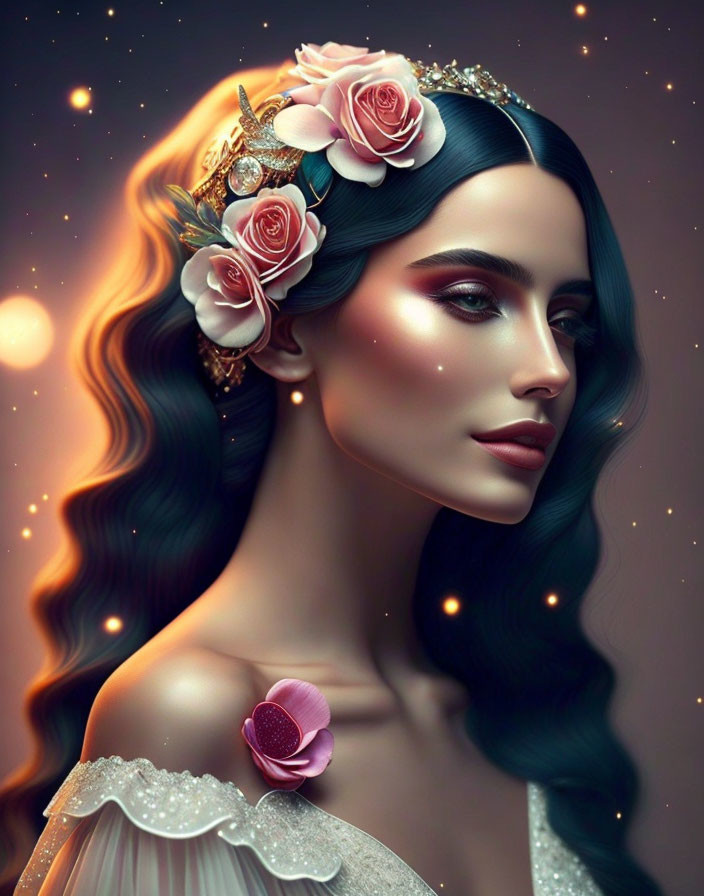 Illustrated woman with wavy hair, crown, roses, makeup, and ruffled garment in serene