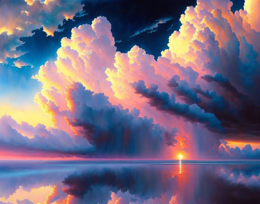 Colorful sunset reflecting on calm waters with radiant clouds.