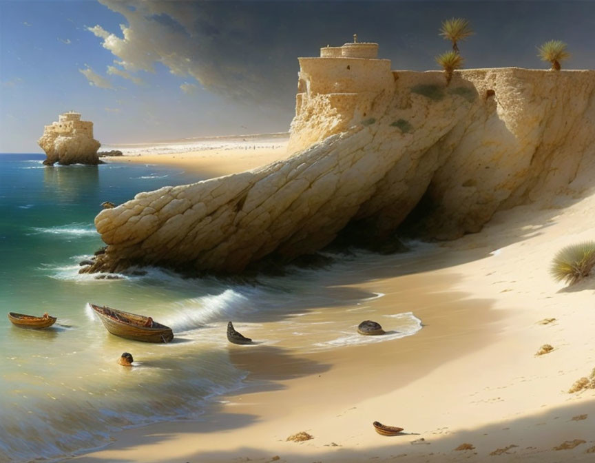 Tranquil beach scene with fort, boats, and distant castle