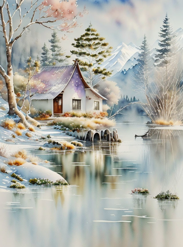 Tranquil winter landscape with cabin, lake, snow-covered trees, and mountains