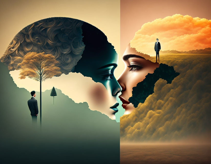 Surreal silhouette image with mirrored figures and landscapes