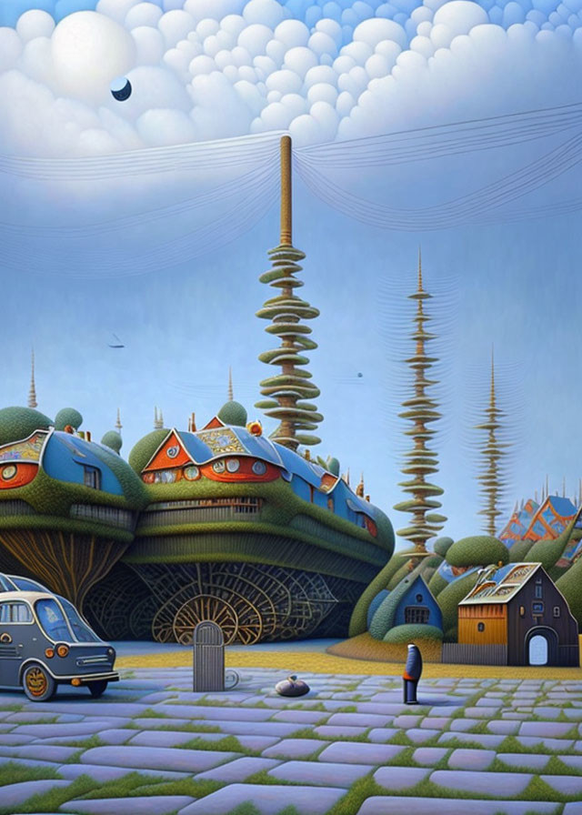 Whimsical surreal artwork: houses with eyes, spiral structures, vintage car, tiled plaza, person