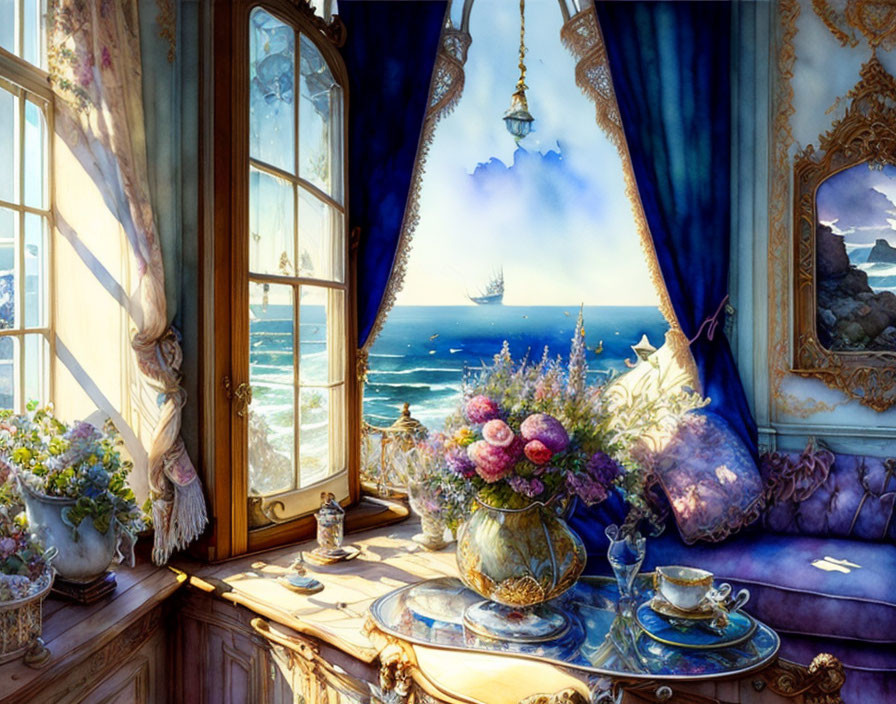 Elegant room with sea view, drapes, flowers, and ship in the distance