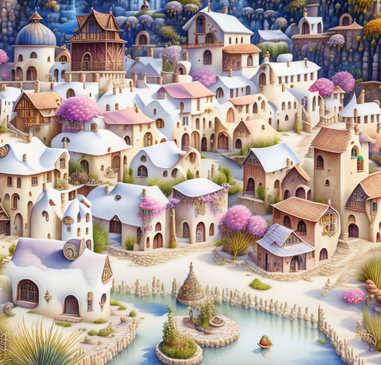 Charming cartoon village with white buildings, pink roofs, river, and greenery