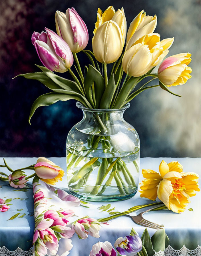 Pink and Yellow Tulip Bouquet in Clear Glass Vase on Moody Background