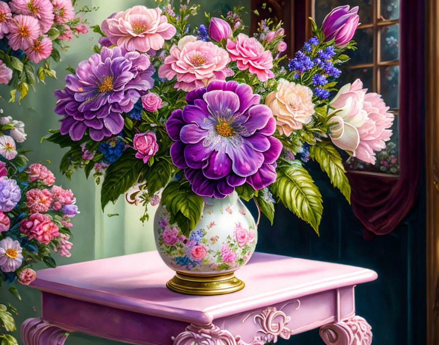 Colorful bouquet painting with purple and pink flowers in floral vase on pink table