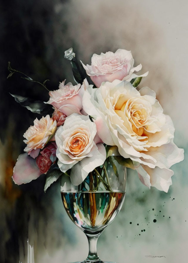 Delicate pink and cream roses in clear glass vase on soft background