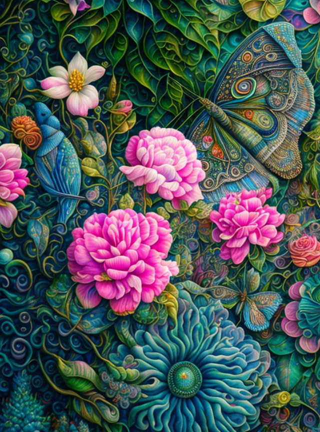 Detailed painting of bluebird, butterfly, pink flowers, and blue patterns