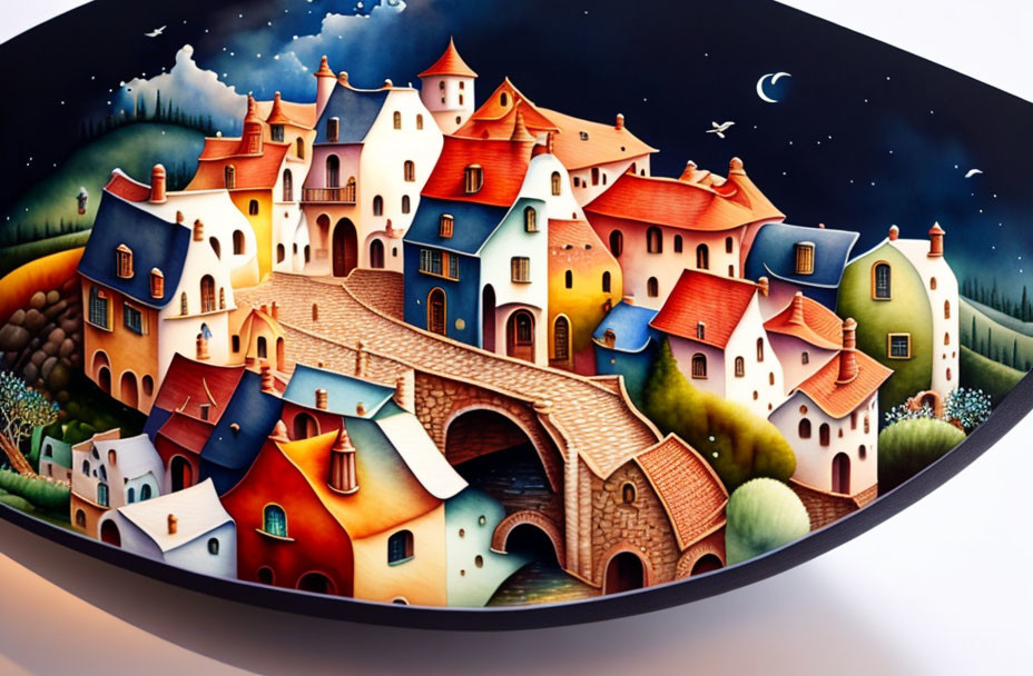 Whimsical village painting with stylized houses and crescent moon