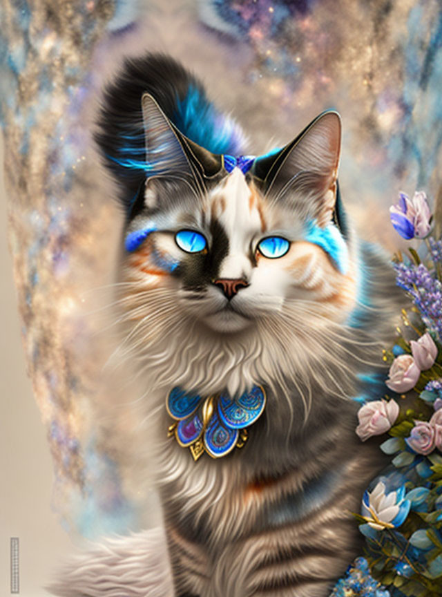 Fantastical cat digital art with blue eyes and cosmic backdrop