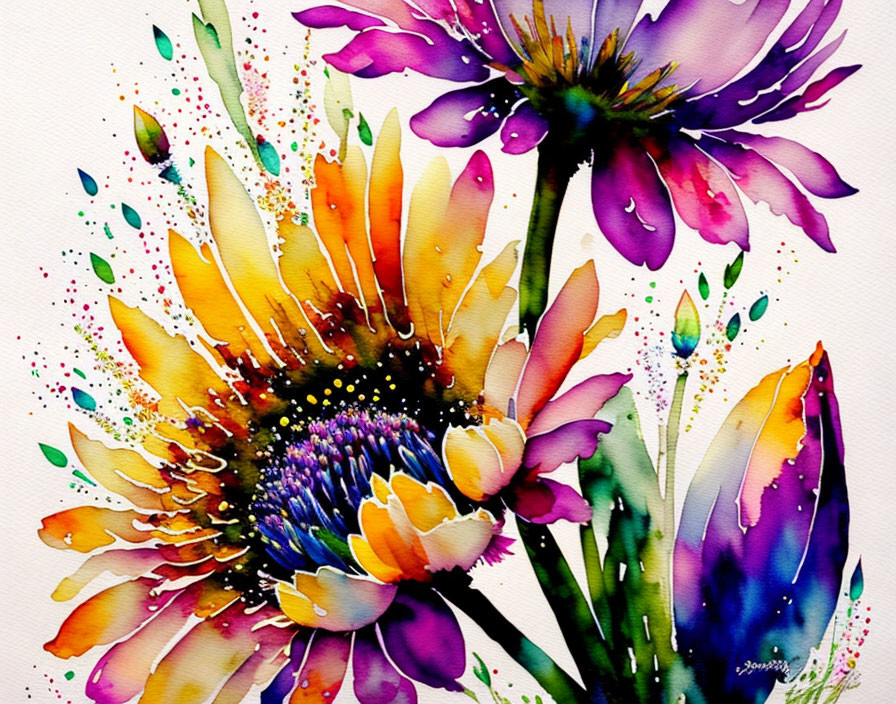 Colorful Watercolor Painting of Vibrant Flowers with Splashes and Drips