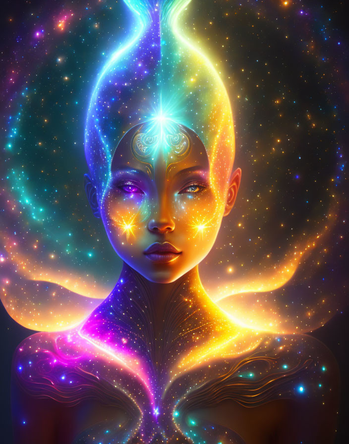 Vibrant digital artwork: cosmic entity with human-like appearance amid stars and nebulae.