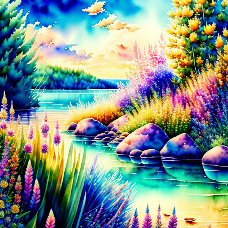 Tranquil riverside painting with colorful flowers and sunset sky