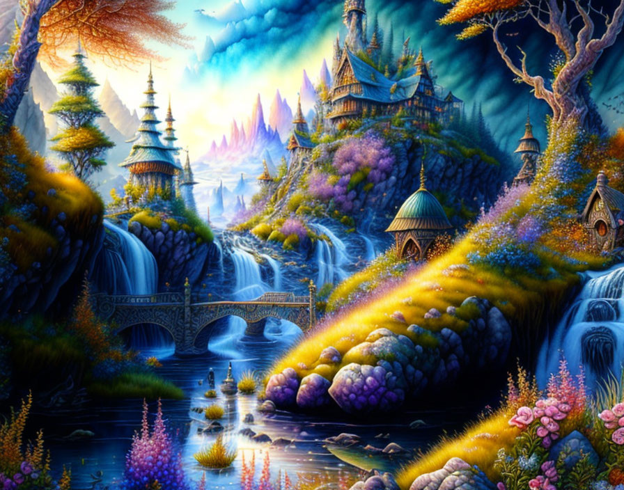 Colorful Asian-style fantasy landscape with waterfalls and mystical mountain.