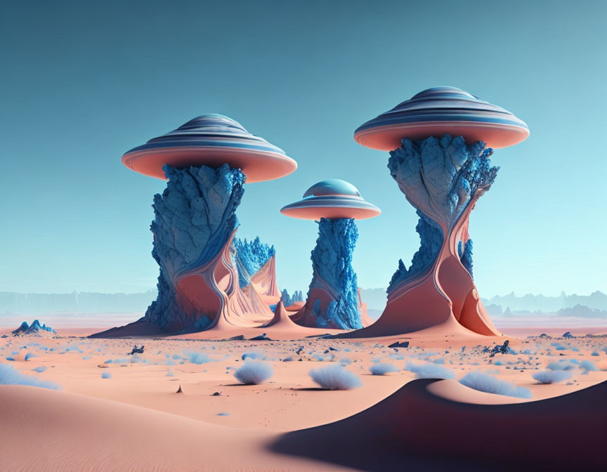 Surreal landscape featuring mushroom-shaped rock formations and alien structures under a clear blue sky