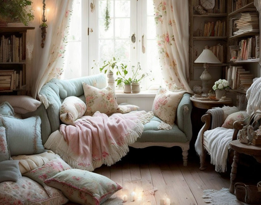 Inviting Reading Nook with Plush Sofa, Floral Cushions, Bookshelves, and Soft