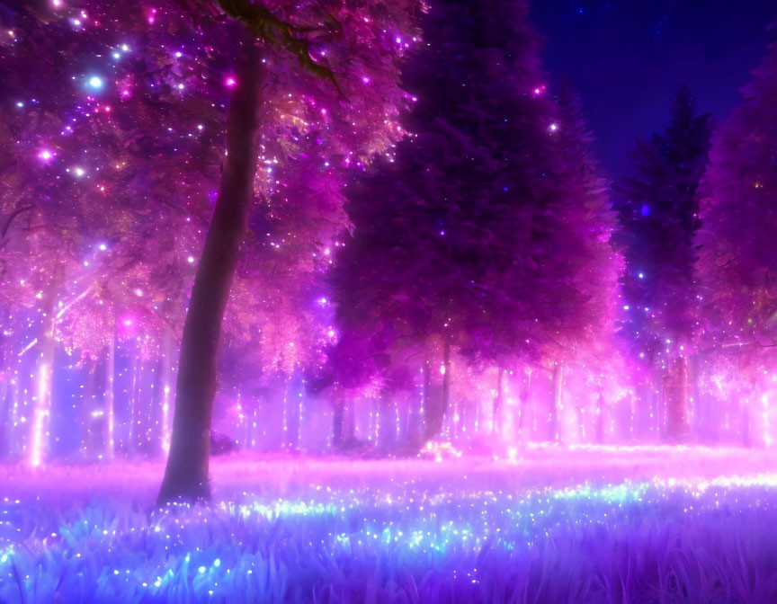 Neon-lit forest with vibrant purple hues and twinkling lights