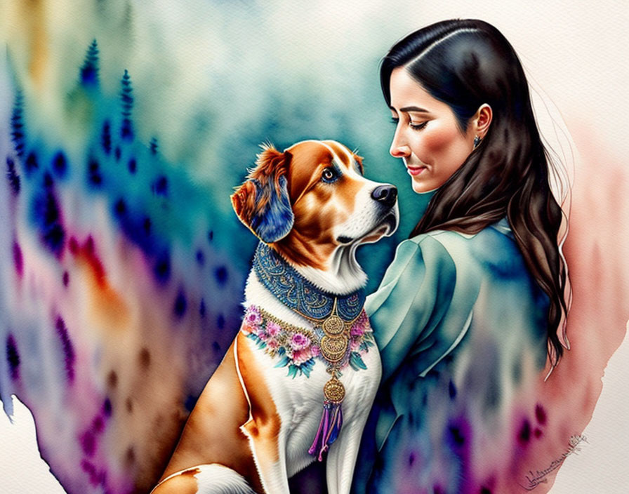 Woman and adorned dog in colorful, abstract setting