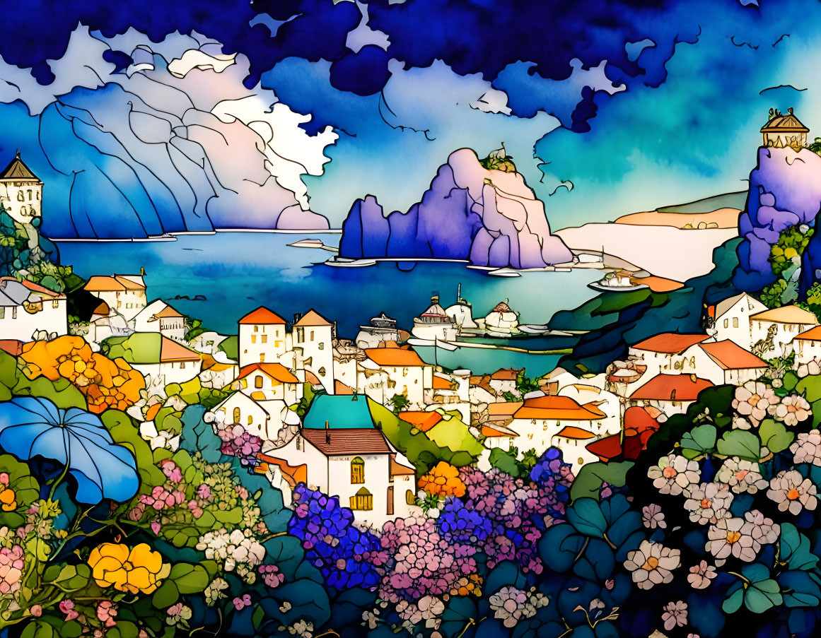 Colorful coastal village painting with bridge, sea, cliffs, and blue sky.